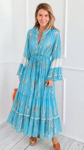 Boho Resort Gold Detail Maxi Dress- Blue