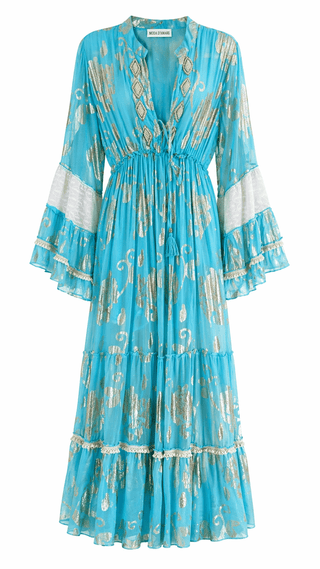 Boho Resort Gold Detail Maxi Dress- Blue