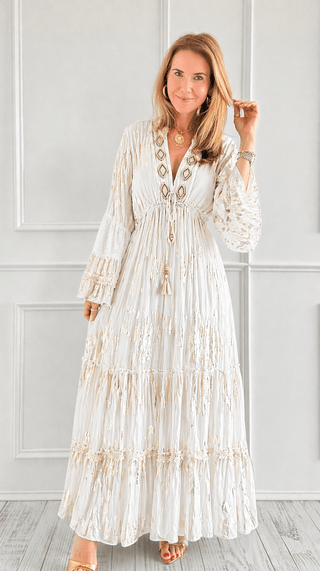 Boho Resort Gold Detail Maxi Dress- Ivory