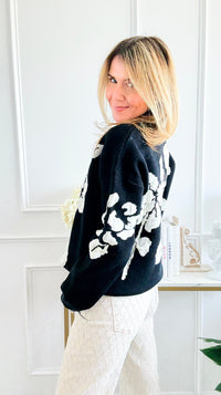 Bold Bloom Knit Sweater - Black-140 Sweaters-Rousseau-Coastal Bloom Boutique, find the trendiest versions of the popular styles and looks Located in Indialantic, FL