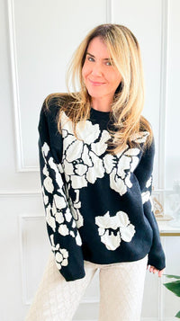 Bold Bloom Knit Sweater - Black-140 Sweaters-Rousseau-Coastal Bloom Boutique, find the trendiest versions of the popular styles and looks Located in Indialantic, FL