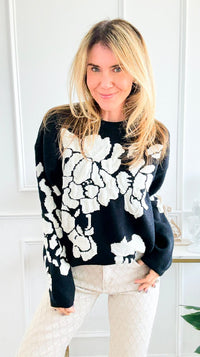 Bold Bloom Knit Sweater - Black-140 Sweaters-Rousseau-Coastal Bloom Boutique, find the trendiest versions of the popular styles and looks Located in Indialantic, FL