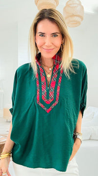 Bold Plaid Trim Blouse - Green-110 Short Sleeve Tops-entro-Coastal Bloom Boutique, find the trendiest versions of the popular styles and looks Located in Indialantic, FL