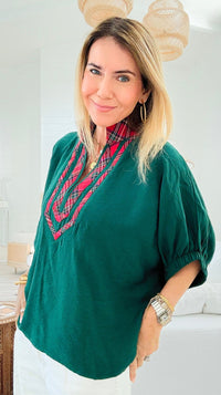 Bold Plaid Trim Blouse - Green-110 Short Sleeve Tops-entro-Coastal Bloom Boutique, find the trendiest versions of the popular styles and looks Located in Indialantic, FL