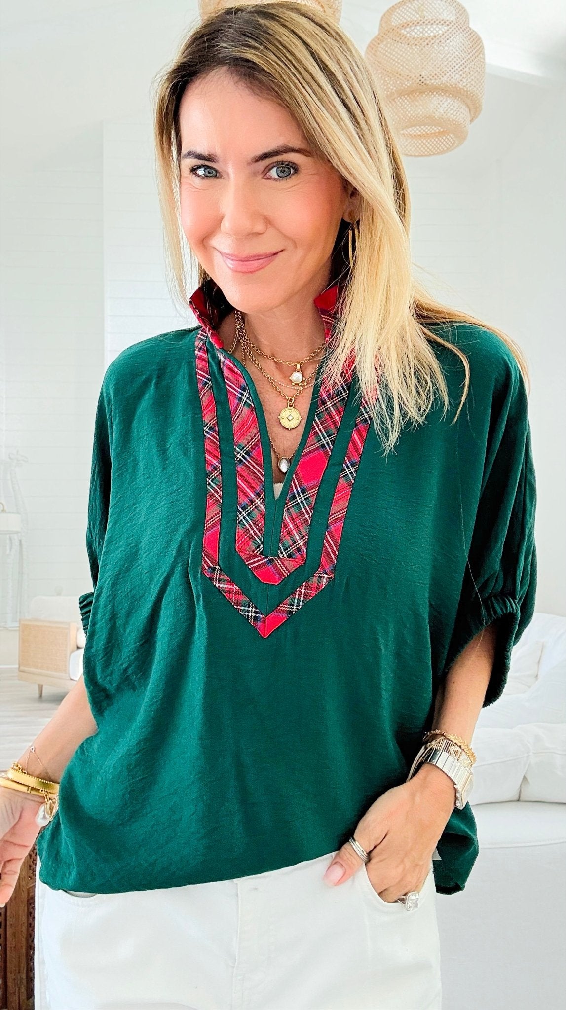 Bold Plaid Trim Blouse - Green-110 Short Sleeve Tops-entro-Coastal Bloom Boutique, find the trendiest versions of the popular styles and looks Located in Indialantic, FL