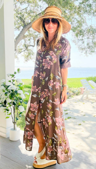 Botanical Linen Italian Button Front Ruffle Hem Dress