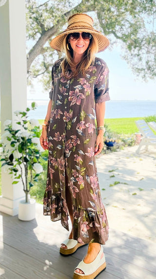 Botanical Linen Italian Button Front Ruffle Hem Dress