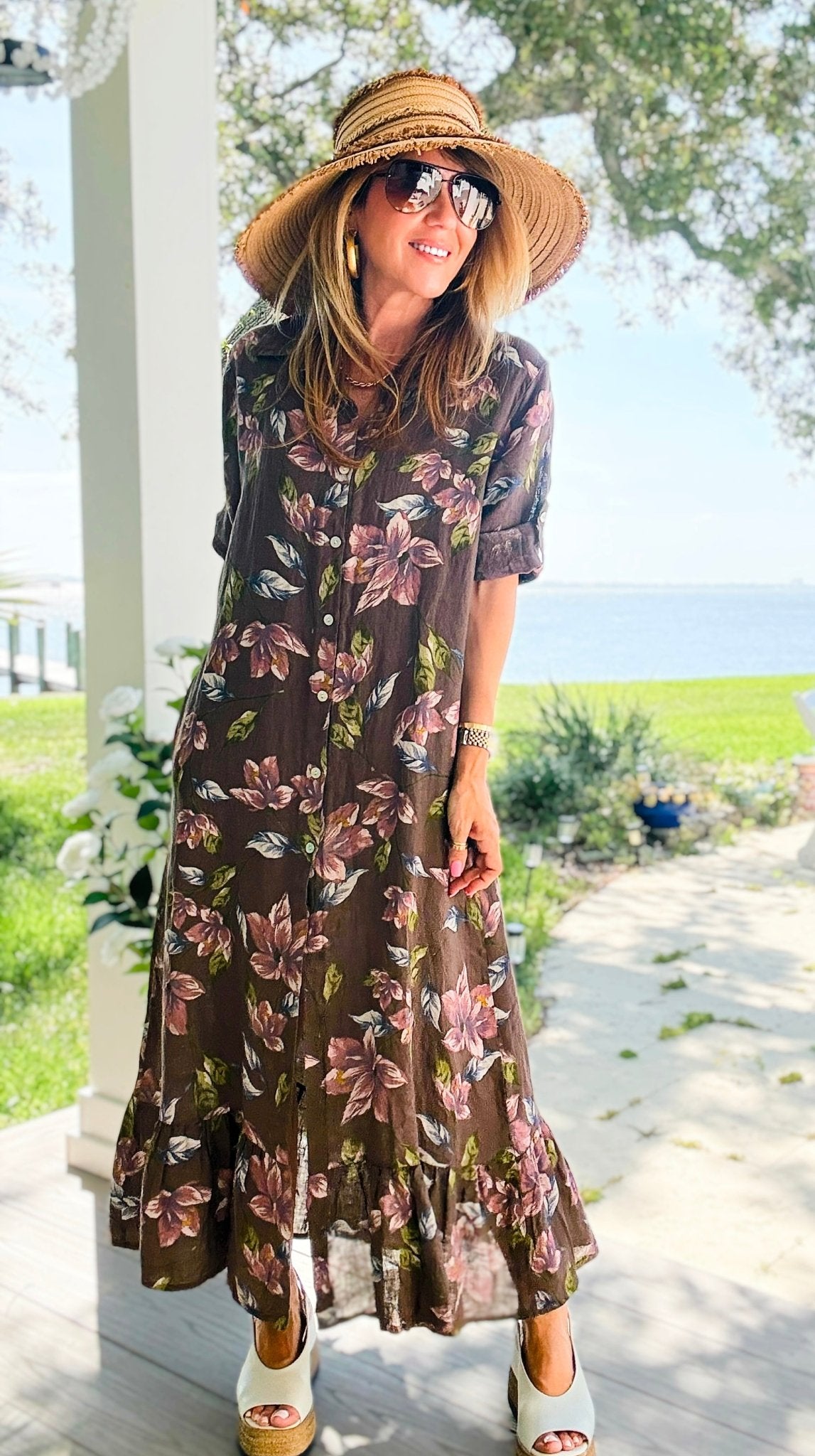 Botanical Linen Italian Button Front Ruffle Hem Dress – Coastal Bloom