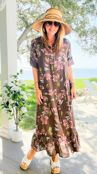 Botanical Linen Italian Button Front Ruffle Hem Dress