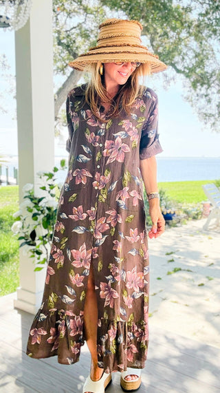 Botanical Linen Italian Button Front Ruffle Hem Dress