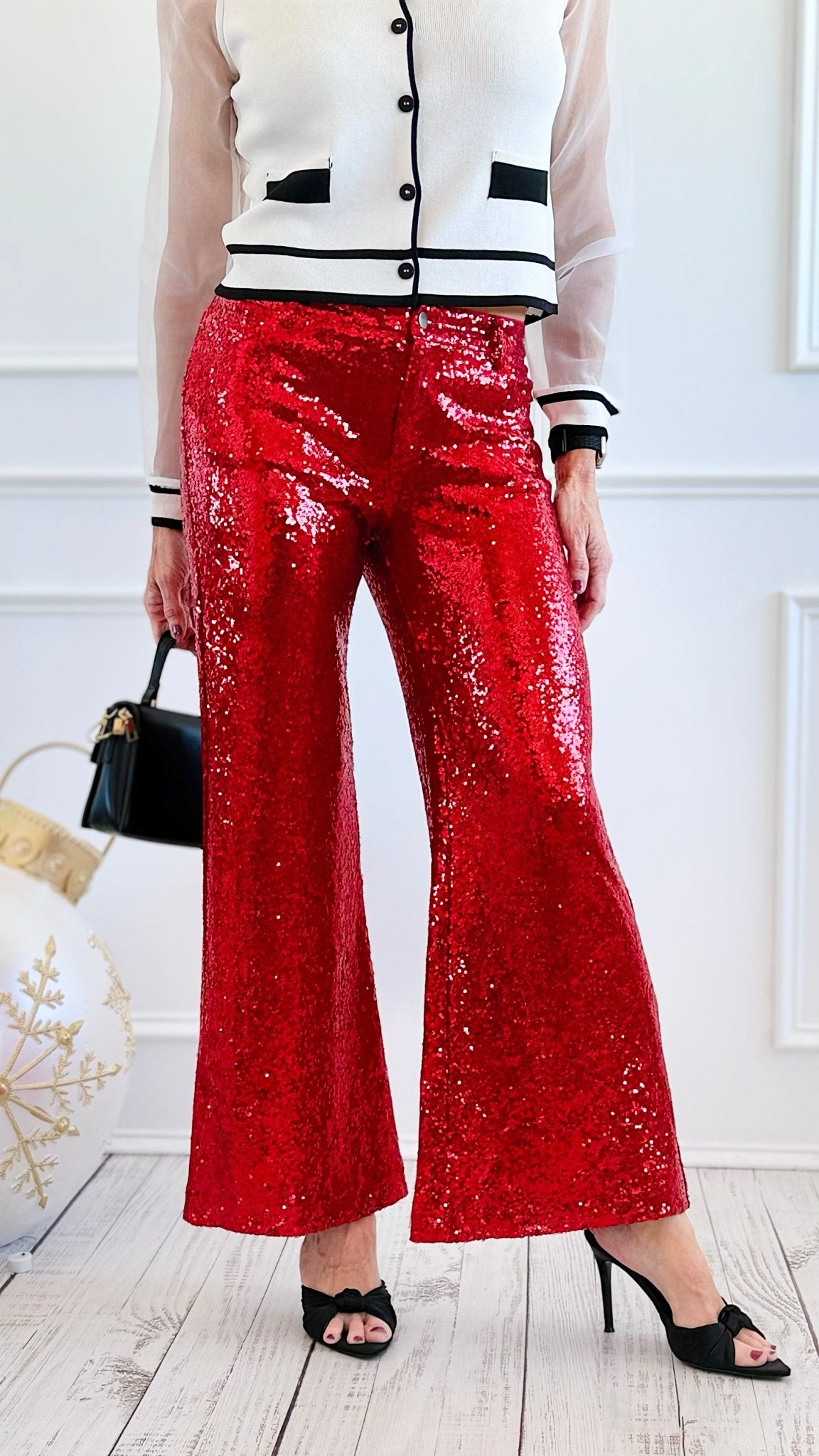 Boujie Holiday Sequin Flare Pants - Red-100 Pants-SO ME-Coastal Bloom Boutique, find the trendiest versions of the popular styles and looks Located in Indialantic, FL