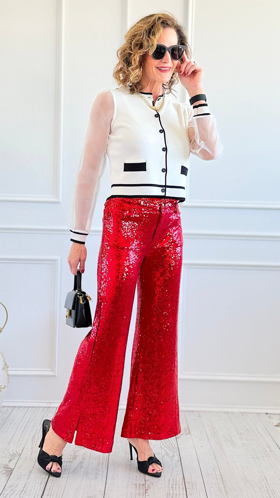 Boujie Holiday Sequin Flare Pants - Red-100 Pants-SO ME-Coastal Bloom Boutique, find the trendiest versions of the popular styles and looks Located in Indialantic, FL