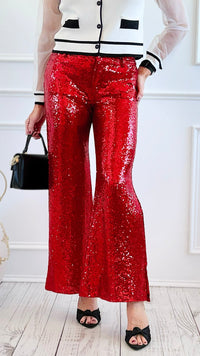 Boujie Holiday Sequin Flare Pants - Red-100 Pants-SO ME-Coastal Bloom Boutique, find the trendiest versions of the popular styles and looks Located in Indialantic, FL