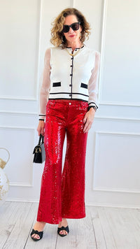 Boujie Holiday Sequin Flare Pants - Red-100 Pants-SO ME-Coastal Bloom Boutique, find the trendiest versions of the popular styles and looks Located in Indialantic, FL