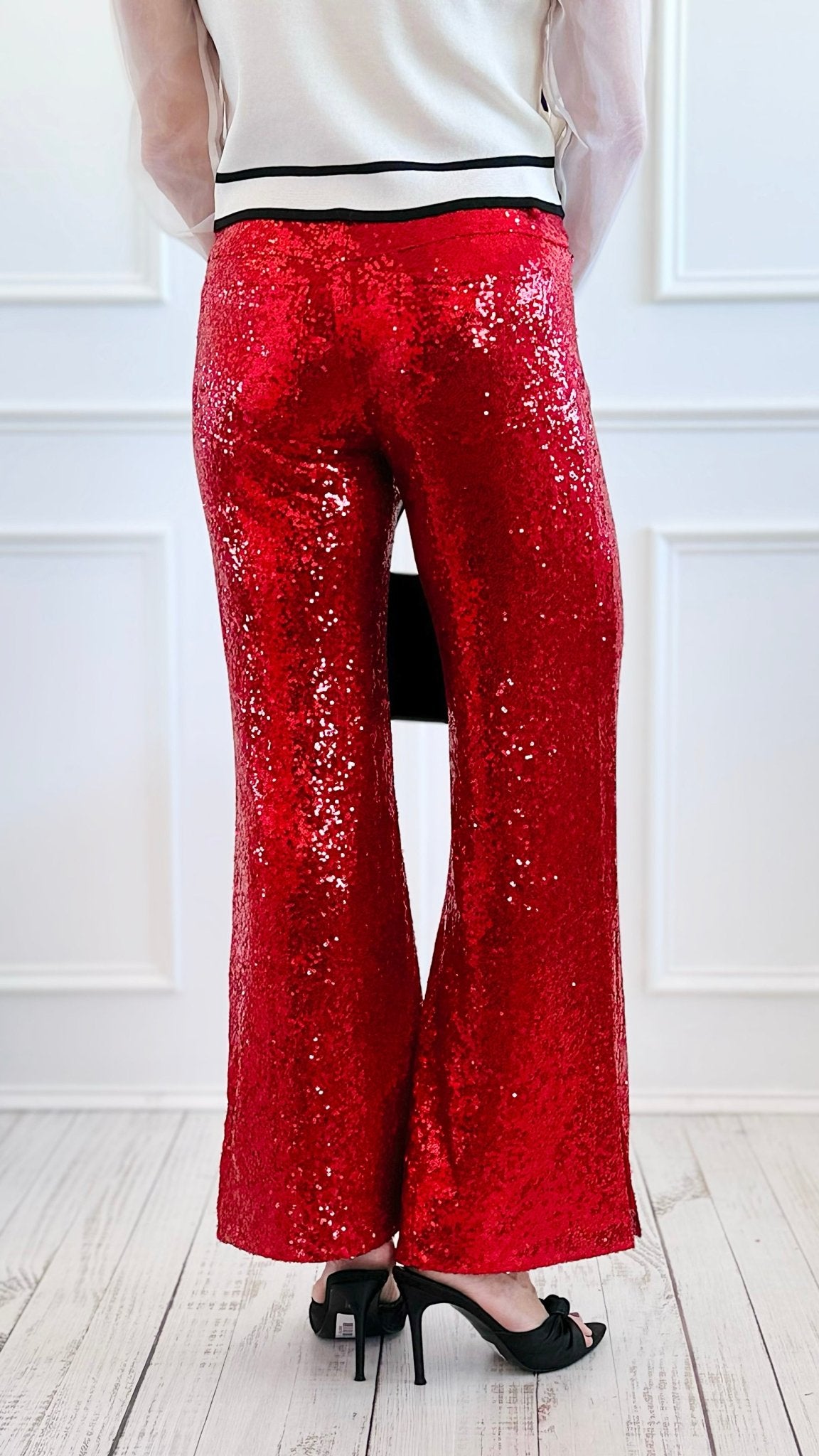 Boujie Holiday Sequin Flare Pants - Red-100 Pants-SO ME-Coastal Bloom Boutique, find the trendiest versions of the popular styles and looks Located in Indialantic, FL
