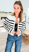 Boulevard Belle Stripe Knit Cardigan-150 Cardigans/Layers-English Factory-Coastal Bloom Boutique, find the trendiest versions of the popular styles and looks Located in Indialantic, FL