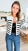 Boulevard Belle Stripe Knit Cardigan-150 Cardigans/Layers-English Factory-Coastal Bloom Boutique, find the trendiest versions of the popular styles and looks Located in Indialantic, FL