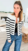 Boulevard Belle Stripe Knit Cardigan-150 Cardigans/Layers-English Factory-Coastal Bloom Boutique, find the trendiest versions of the popular styles and looks Located in Indialantic, FL
