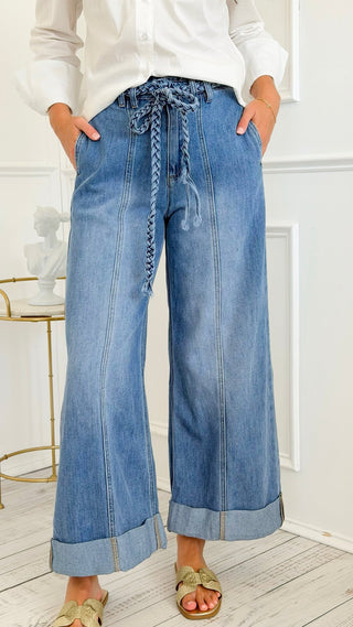 Braided Belt Wide-Leg Jeans