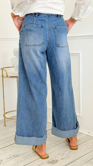 Braided Belt Wide-Leg Jeans
