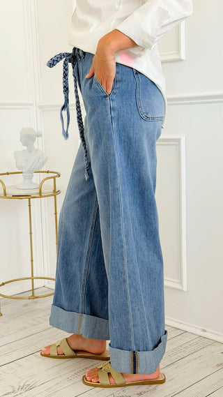 Braided Belt Wide-Leg Jeans
