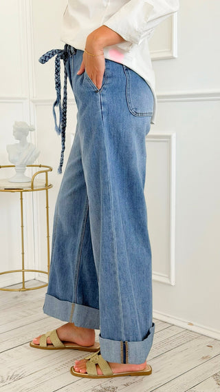 Braided Belt Wide-Leg Jeans