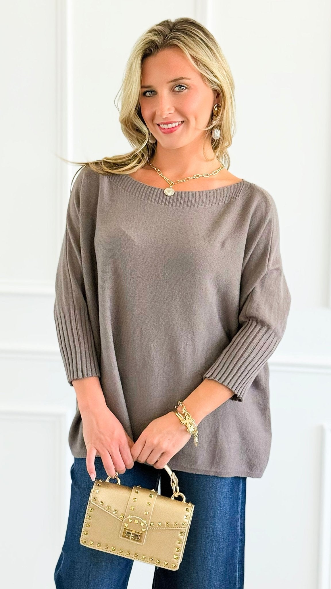 Break Free Round - Neck 3/4 Sleeve Italian Sweater Top - Dk Taupe-140 Sweaters-J.D. PRONTO MODA-Coastal Bloom Boutique, find the trendiest versions of the popular styles and looks Located in Indialantic, FL