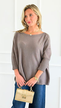 Break Free Round - Neck 3/4 Sleeve Italian Sweater Top - Dk Taupe-140 Sweaters-J.D. PRONTO MODA-Coastal Bloom Boutique, find the trendiest versions of the popular styles and looks Located in Indialantic, FL