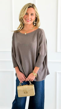 Break Free Round - Neck 3/4 Sleeve Italian Sweater Top - Dk Taupe-140 Sweaters-J.D. PRONTO MODA-Coastal Bloom Boutique, find the trendiest versions of the popular styles and looks Located in Indialantic, FL
