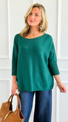 Break Free Round - Neck 3/4 Sleeve Italian Sweater Top - Evergreen-140 Sweaters-J.D. PRONTO MODA-Coastal Bloom Boutique, find the trendiest versions of the popular styles and looks Located in Indialantic, FL