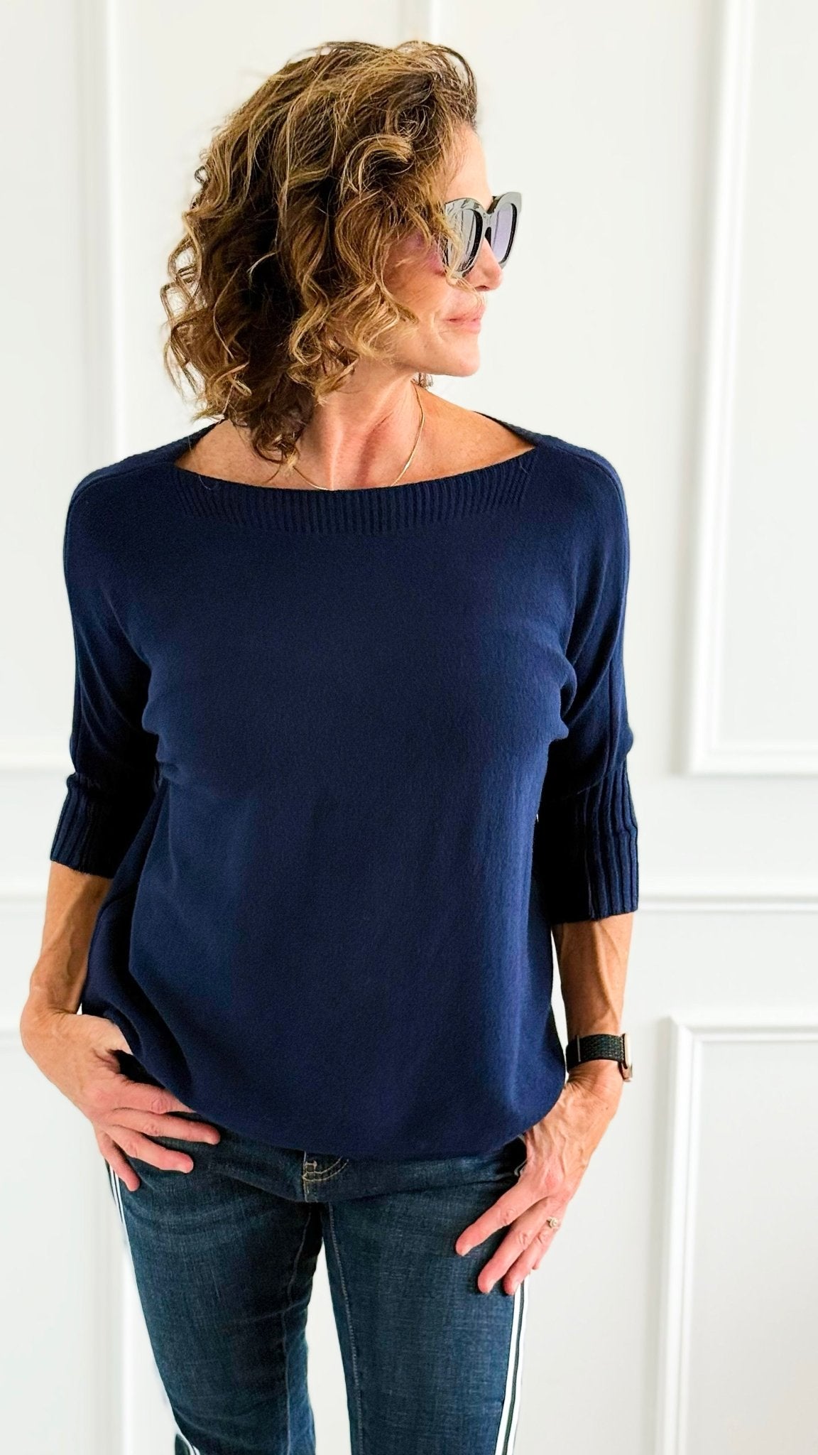 Break Free Round - Neck 3/4 Sleeve Italian Sweater Top - Navy-140 Sweaters-J.D. PRONTO MODA-Coastal Bloom Boutique, find the trendiest versions of the popular styles and looks Located in Indialantic, FL
