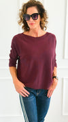 Break Free Round - Neck 3/4 Sleeve Italian Sweater Top - Wine-140 Sweaters-J.D. PRONTO MODA-Coastal Bloom Boutique, find the trendiest versions of the popular styles and looks Located in Indialantic, FL