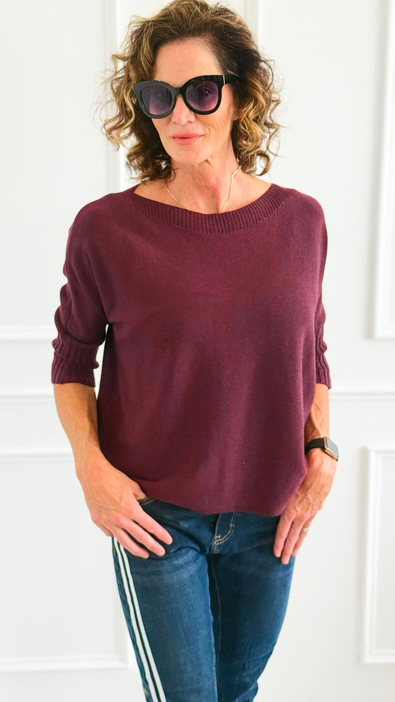 Break Free Round - Neck 3/4 Sleeve Italian Sweater Top - Wine-140 Sweaters-J.D. PRONTO MODA-Coastal Bloom Boutique, find the trendiest versions of the popular styles and looks Located in Indialantic, FL