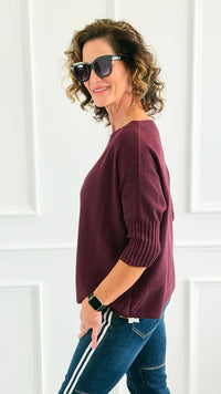 Break Free Round - Neck 3/4 Sleeve Italian Sweater Top - Wine-140 Sweaters-J.D. PRONTO MODA-Coastal Bloom Boutique, find the trendiest versions of the popular styles and looks Located in Indialantic, FL