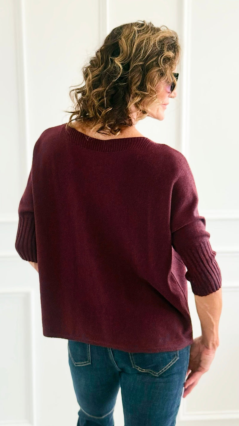 Break Free Round - Neck 3/4 Sleeve Italian Sweater Top - Wine-140 Sweaters-J.D. PRONTO MODA-Coastal Bloom Boutique, find the trendiest versions of the popular styles and looks Located in Indialantic, FL