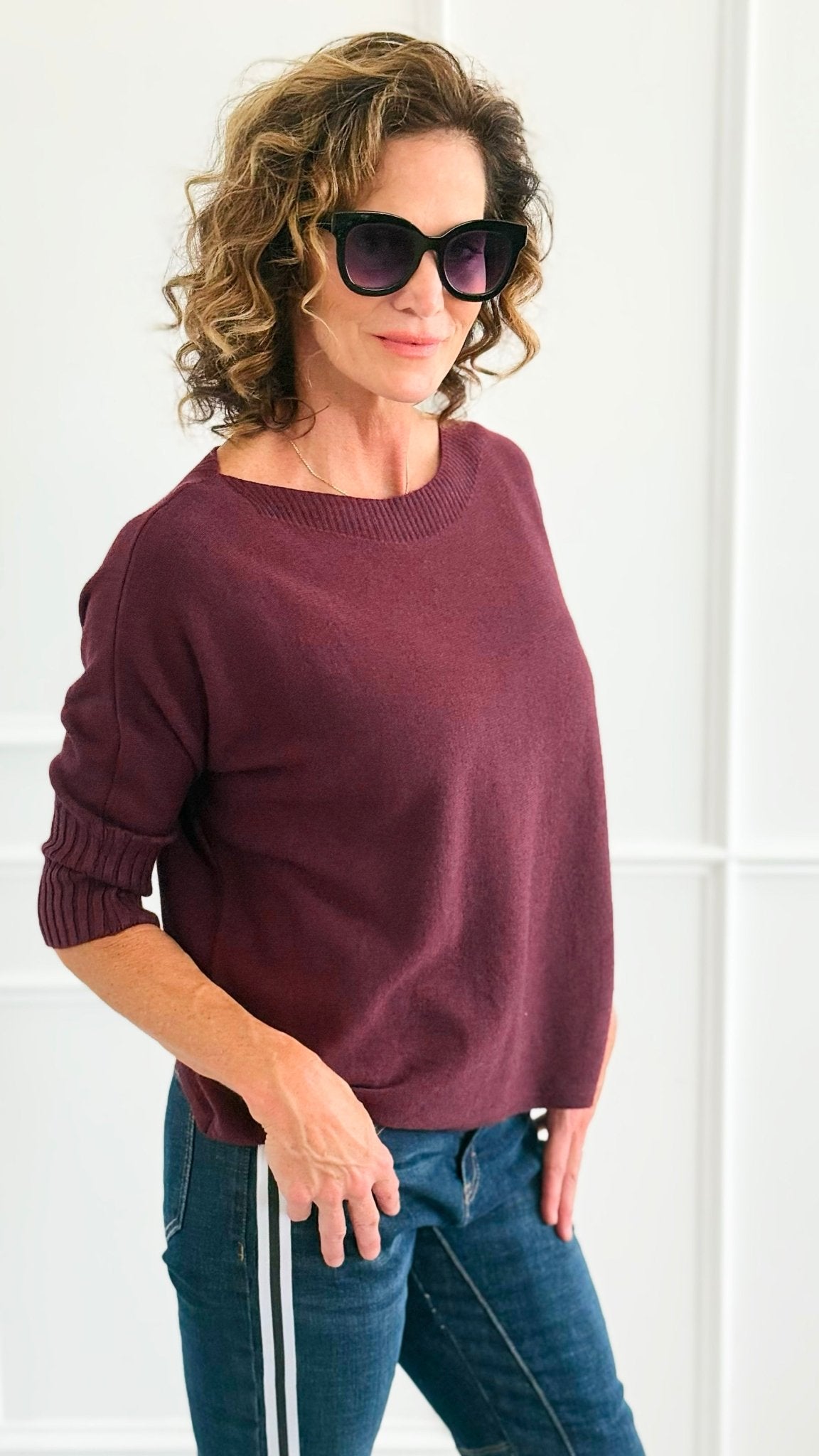 Break Free Round - Neck 3/4 Sleeve Italian Sweater Top - Wine-140 Sweaters-J.D. PRONTO MODA-Coastal Bloom Boutique, find the trendiest versions of the popular styles and looks Located in Indialantic, FL