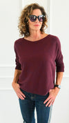 Break Free Round - Neck 3/4 Sleeve Italian Sweater Top - Wine-140 Sweaters-J.D. PRONTO MODA-Coastal Bloom Boutique, find the trendiest versions of the popular styles and looks Located in Indialantic, FL