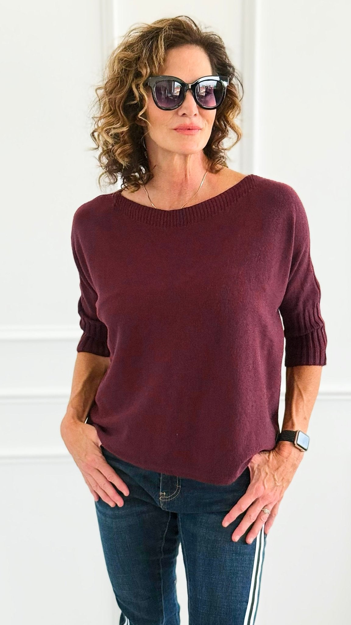 Break Free Round - Neck 3/4 Sleeve Italian Sweater Top - Wine-140 Sweaters-J.D. PRONTO MODA-Coastal Bloom Boutique, find the trendiest versions of the popular styles and looks Located in Indialantic, FL