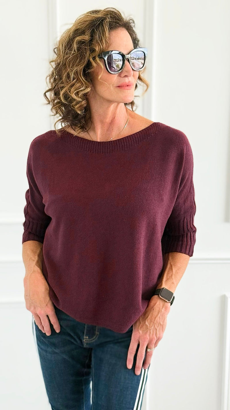 Break Free Round - Neck 3/4 Sleeve Italian Sweater Top - Wine-140 Sweaters-J.D. PRONTO MODA-Coastal Bloom Boutique, find the trendiest versions of the popular styles and looks Located in Indialantic, FL