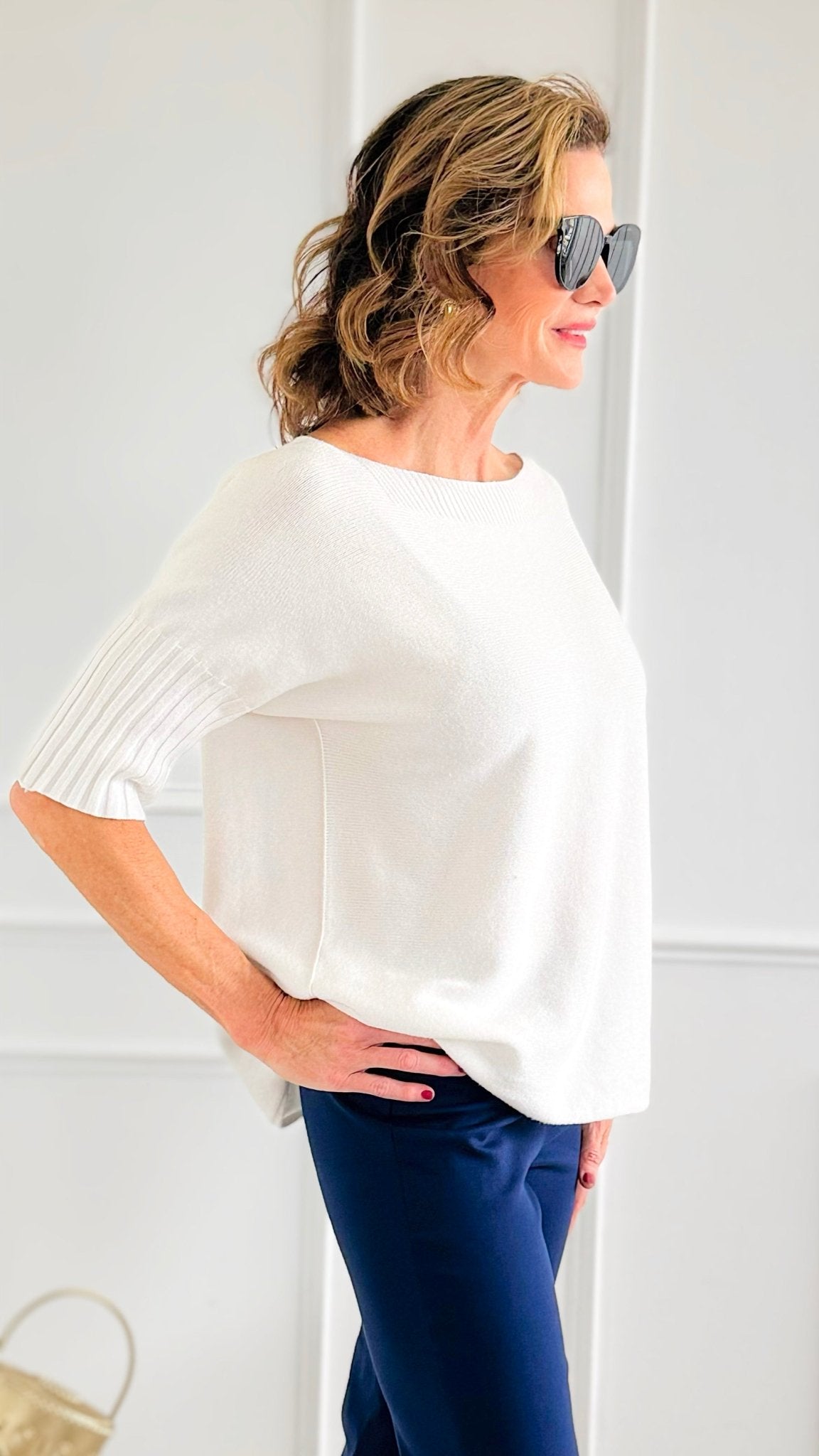 Break Free Round - Neck Italian Sweater Top - White-140 Sweaters-Italianissimo/J.D. PRONTO-Coastal Bloom Boutique, find the trendiest versions of the popular styles and looks Located in Indialantic, FL