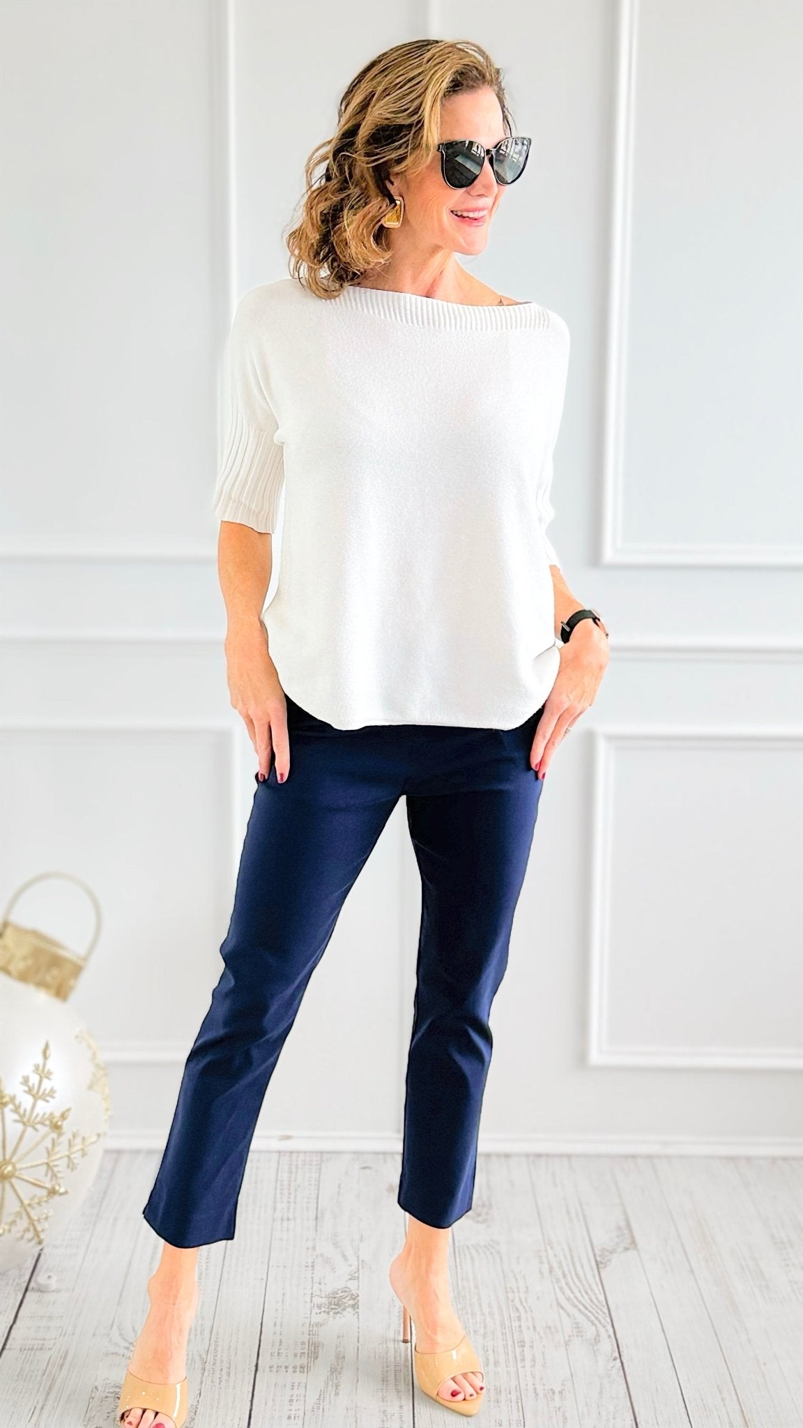 Break Free Round - Neck Italian Sweater Top - White-140 Sweaters-Italianissimo/J.D. PRONTO-Coastal Bloom Boutique, find the trendiest versions of the popular styles and looks Located in Indialantic, FL