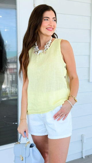Breezy Coast Linen Italian Sleeveless Top- Butter Yellow