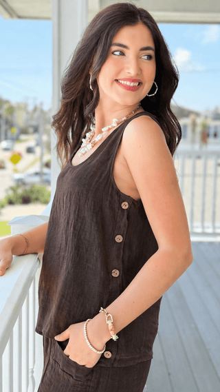 Breezy Coast Linen Italian Sleeveless Top- Chocolate