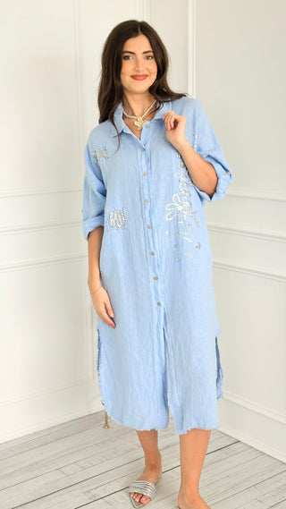 Breezy Embellished Linen Italian Button Dress