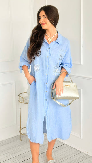 Breezy Embellished Linen Italian Button Dress
