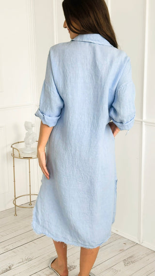 Breezy Embellished Linen Italian Button Dress