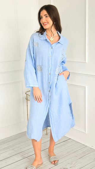 Breezy Embellished Linen Italian Button Dress