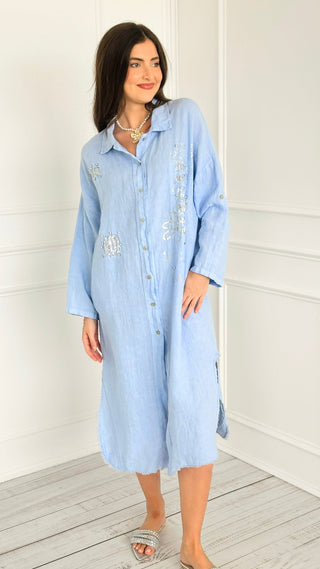 Breezy Embellished Linen Italian Button Dress