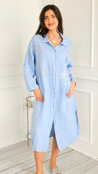 Breezy Embellished Linen Italian Button Dress