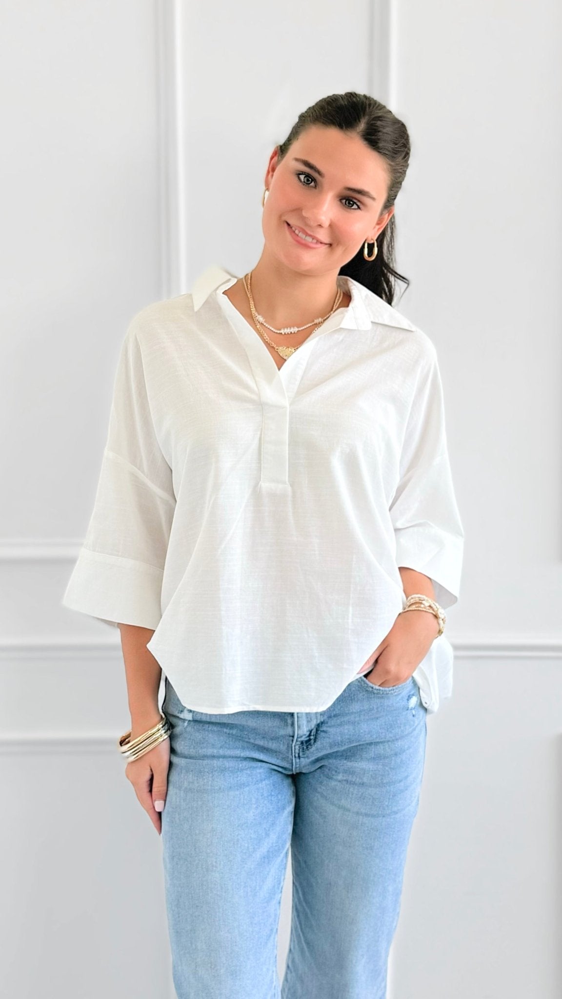 Breezy Escape Popover Top-110 Short Sleeve Tops-GIGIO-Coastal Bloom Boutique, find the trendiest versions of the popular styles and looks Located in Indialantic, FL